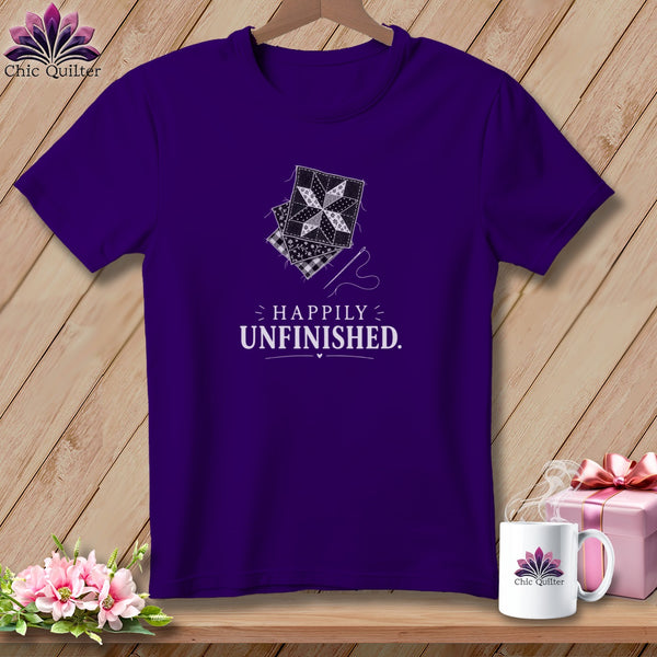 Purple t-shirt with patchwork quilt squares and "Happily Unfinished" text.
