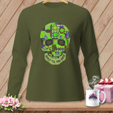 Green long-sleeve shirt with a quilted skull graphic and 