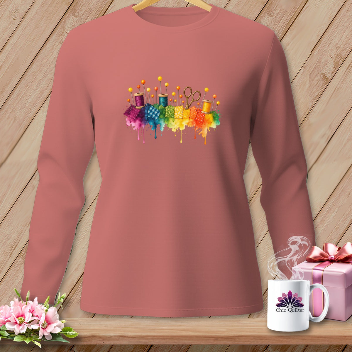 Long-sleeve shirt with colorful sewing notions graphic and Chic Quilter mug.