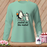 Mint long-sleeve shirt with a penguin sewing and text 