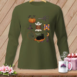 Green long sleeve shirt with Halloween sewing icons: pumpkin, ghost, black cat, and witch hat.