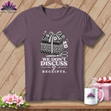 T-shirt with stacked fabric, scissors, and text 