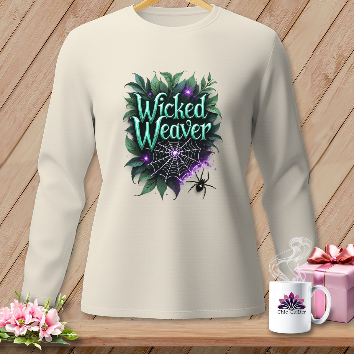 Long sleeve shirt with "Wicked Weaver" text, spiderweb, spider, and leaves design.