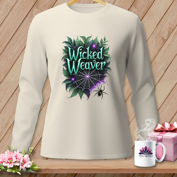 Long sleeve shirt with "Wicked Weaver" text, spiderweb, spider, and leaves design.