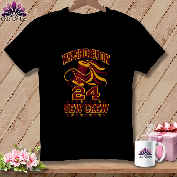 Black t-shirt featuring a sewing graphic with the text WASHINGTON 24 SEW CREW in yellow and maroon.