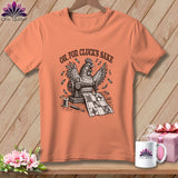 Peach t-shirt with a chicken, sewing machine, quilt, and the text 