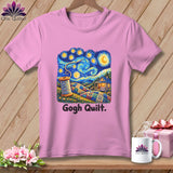 Pink t-shirt with a quilt-themed 