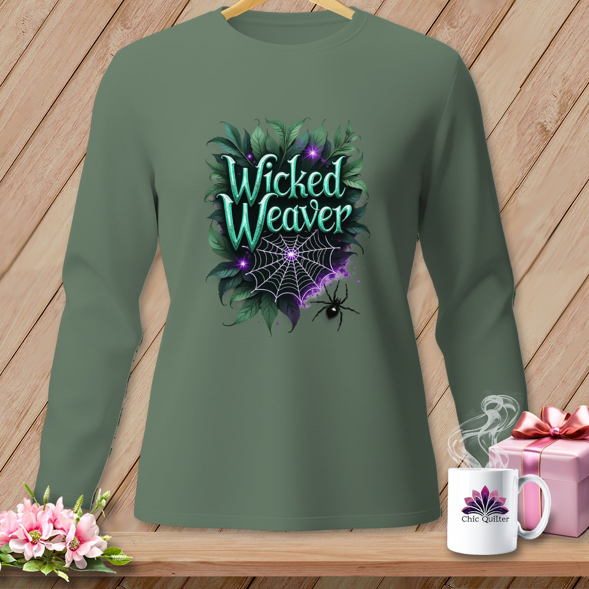 Green long-sleeve shirt with "Wicked Weaver" text, spider, and spiderweb graphic.