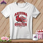 White t-shirt featuring a red cardinal graphic and the text Arizona Quilter on a wooden background.