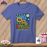 Purple t-shirt with sunflowers, sewing supplies, and 