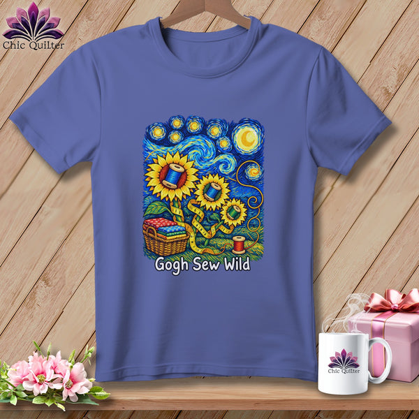Purple t-shirt with sunflowers, sewing supplies, and "Gogh Sew Wild" text.