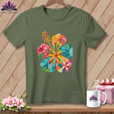 Olive green crewneck t-shirt featuring a colorful, patchwork hibiscus flower graphic on the chest.