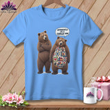Light blue t-shirt with two bears, one with quilted belly and text bubble.