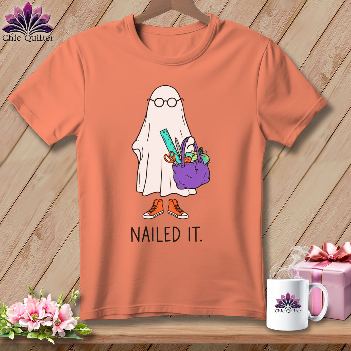 Ghost wearing glasses and sneakers holds a crafting bag with "NAILED IT." text.