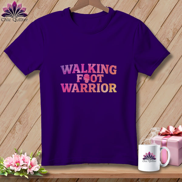 Purple t-shirt with "Walking Foot Warrior" text in gradient colors.