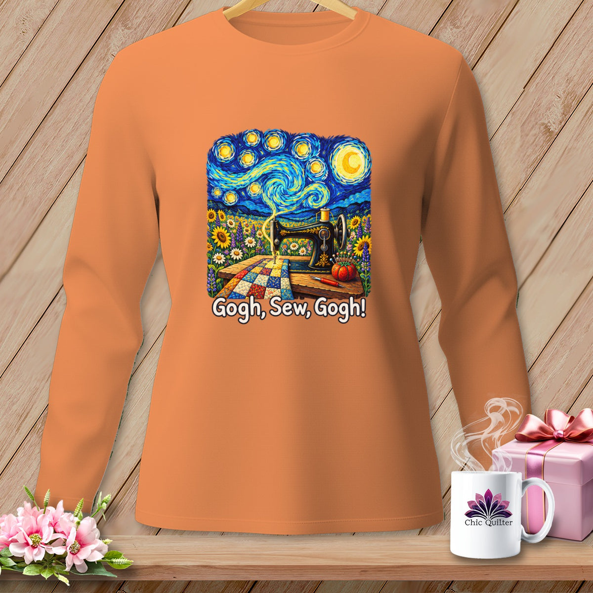 Orange long-sleeve shirt with "Gogh, Sew, Gogh!" graphic featuring a sewing machine.