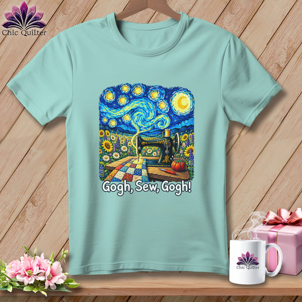 Light blue t-shirt with Van Gogh-style art of a sewing machine and sunflowers, text "Gogh, Sew, Gogh!".