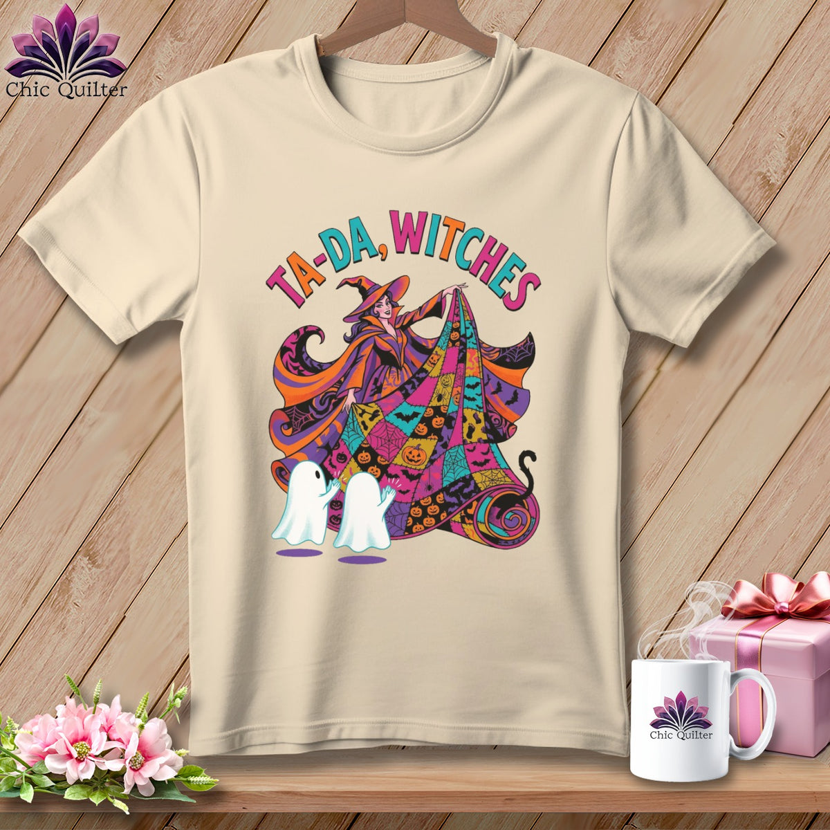 "Ta-Da, Witches" Halloween t-shirt with witch and ghosts.