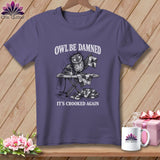 Purple t-shirt with owl ironing patchwork, reading 