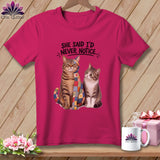 Pink t-shirt with two cats and 