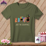 Olive green t-shirt with ghosts holding sewing items and text 