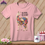 Pink t-shirt with a llama patched with colorful fabric, and text 
