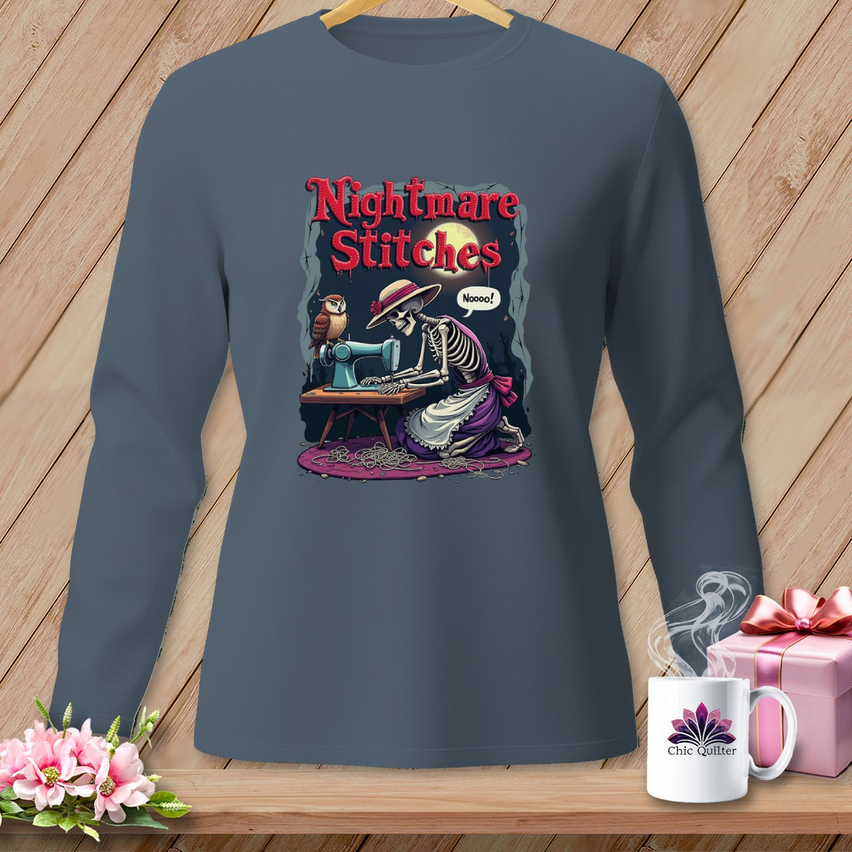 Skeleton sewing with an owl under a full moon, "Nightmare Stitches" text.