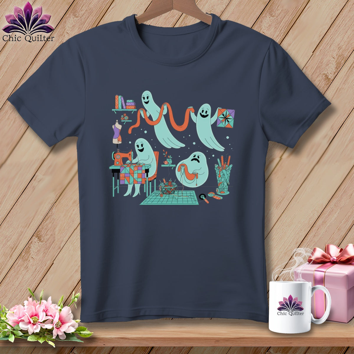 Ghosts sewing and quilting on a navy blue t-shirt with a crafty scene.