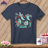 Ghosts sewing and quilting on a navy blue t-shirt with a crafty scene.