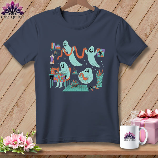 Ghosts sewing and quilting on a navy blue t-shirt with a crafty scene.