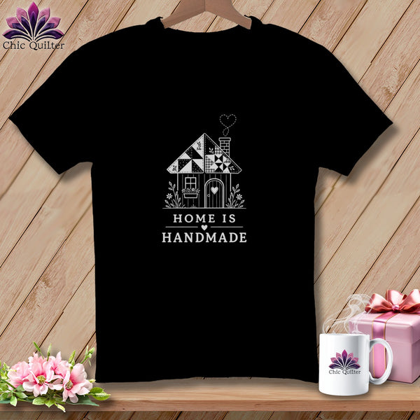 Black t-shirt with "HOME IS HANDMADE" and a quilted house graphic.