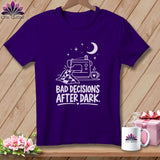Purple t-shirt with white graphic of sewing machine, quilt, moon, stars, and text.