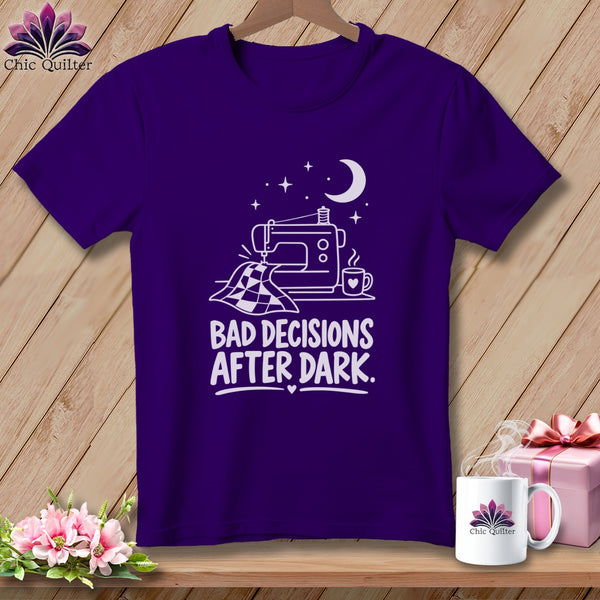 Purple t-shirt with white graphic of sewing machine, quilt, moon, stars, and text.