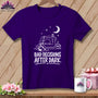 Purple t-shirt with white graphic of sewing machine, quilt, moon, stars, and text.