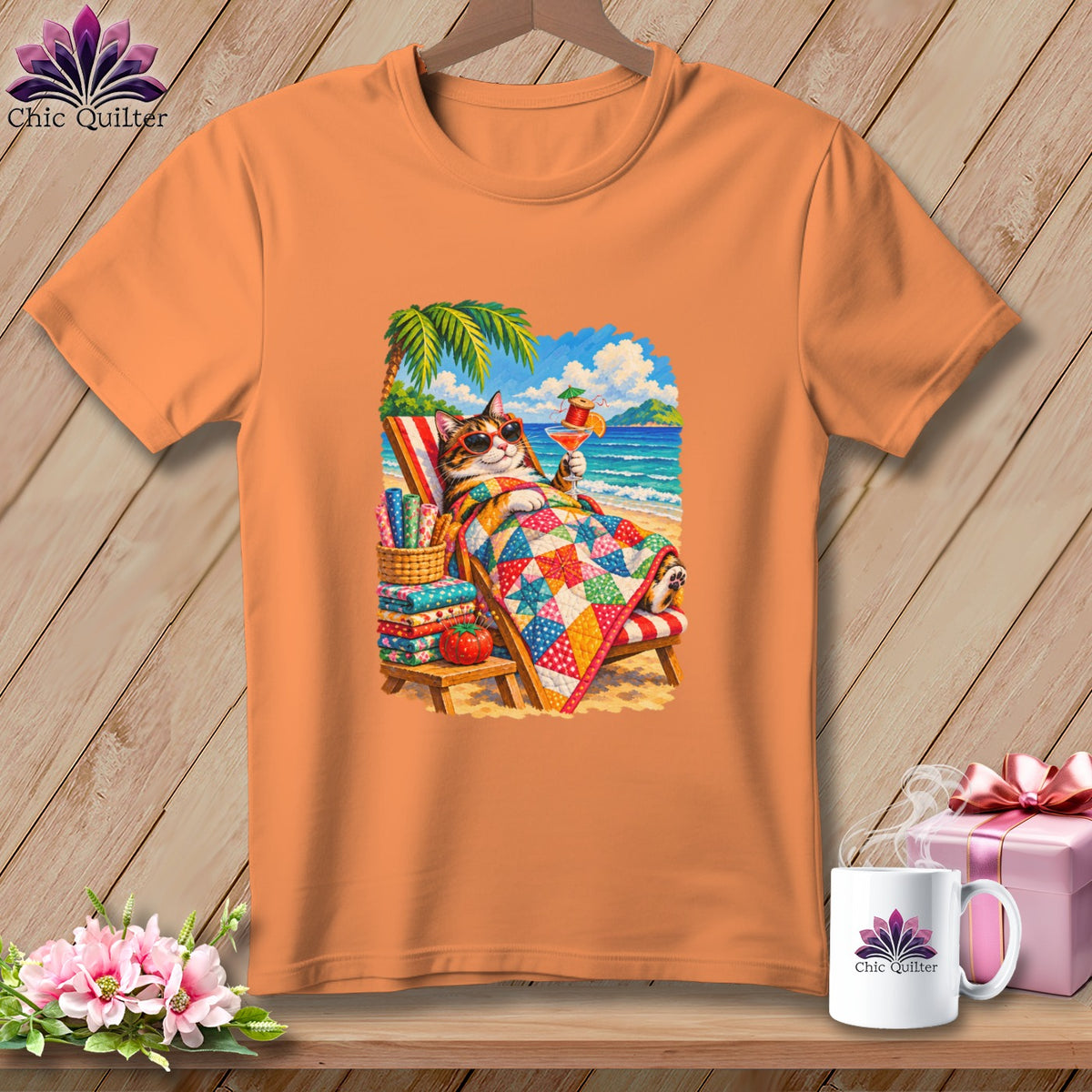 An orange t-shirt featuring a graphic of a cat relaxing in a beach chair under a palm tree.