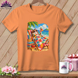 An orange t-shirt featuring a graphic of a cat relaxing in a beach chair under a palm tree.