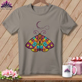 Gray t-shirt with a colorful patchwork moth graphic and sewing-themed elements.