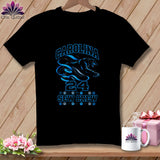 Black t-shirt featuring blue text reading CAROLINA 24 SEW CREW with a panther graphic and paw prints.