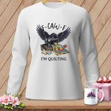 White long-sleeve shirt with crow sewing a quilt, 