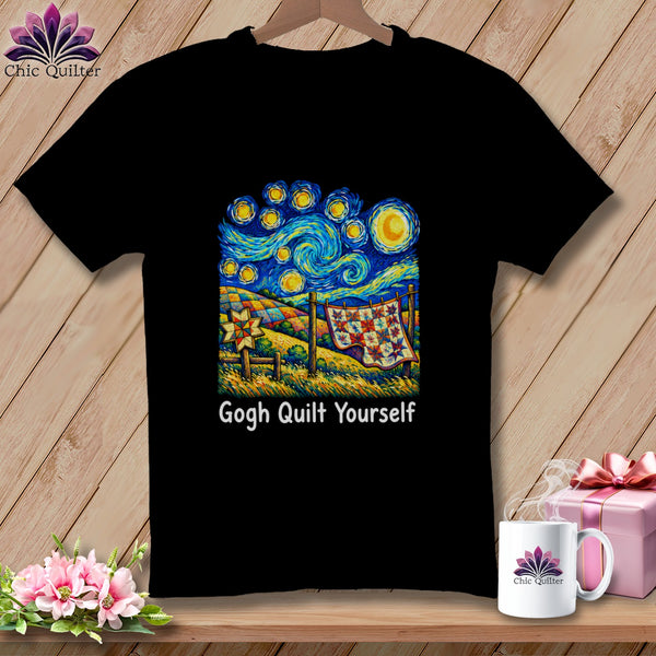 Black t-shirt with "Gogh Quilt Yourself" and a Van Gogh-inspired quilt design.