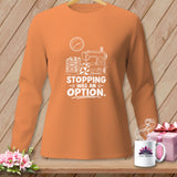 Orange long-sleeve shirt with sewing machine, quilt, and clock graphic.
