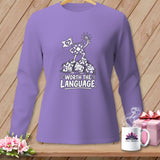 Purple long-sleeve shirt with cartoon quilt blocks and text 