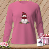 Pink long-sleeve shirt with a stitched snowman wearing a hat and scarf, surrounded by spools of thread.