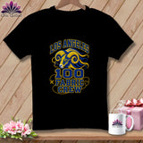 Black t-shirt featuring a blue and yellow ram graphic with text reading Los Angeles 100 Fabric Crew.