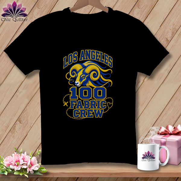 Black t-shirt featuring a blue and yellow ram graphic with text reading Los Angeles 100 Fabric Crew.