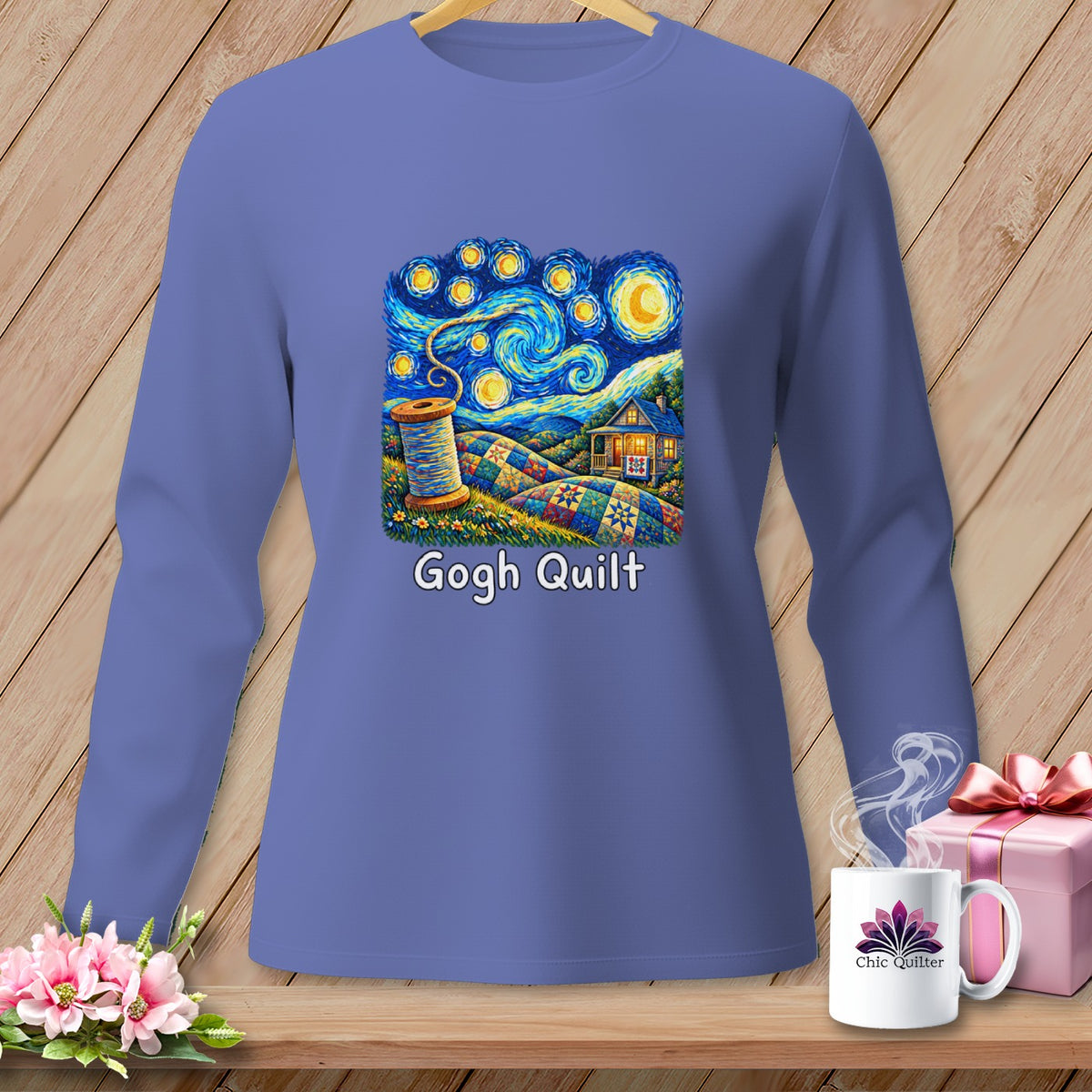 Long-sleeved shirt with a "Gogh Quilt" design featuring a spool of thread and Van Gogh's Starry Night.