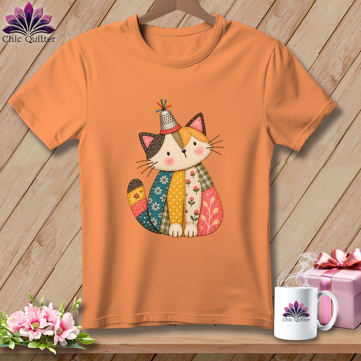 An orange t-shirt on a wooden background features a graphic of a stitched patchwork cat wearing a thimble hat.