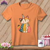 An orange t-shirt on a wooden background features a graphic of a stitched patchwork cat wearing a thimble hat.