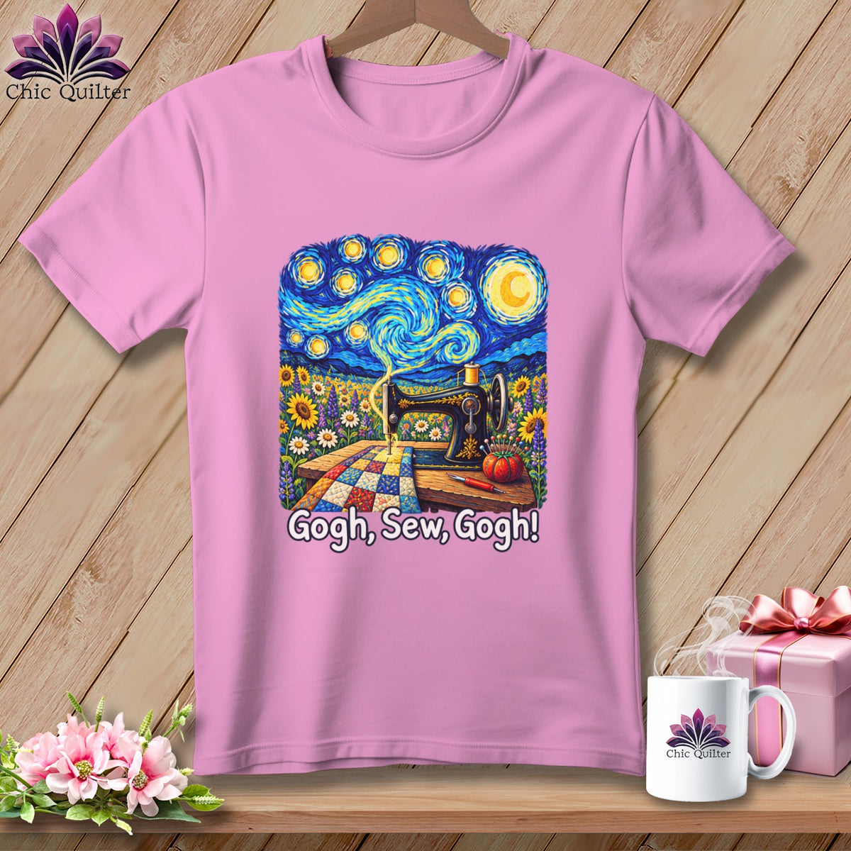 Pink t-shirt with Van Gogh starry night design featuring a sewing machine and the text "Gogh, Sew, Gogh!".