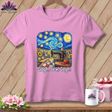 Pink t-shirt with Van Gogh starry night design featuring a sewing machine and the text 